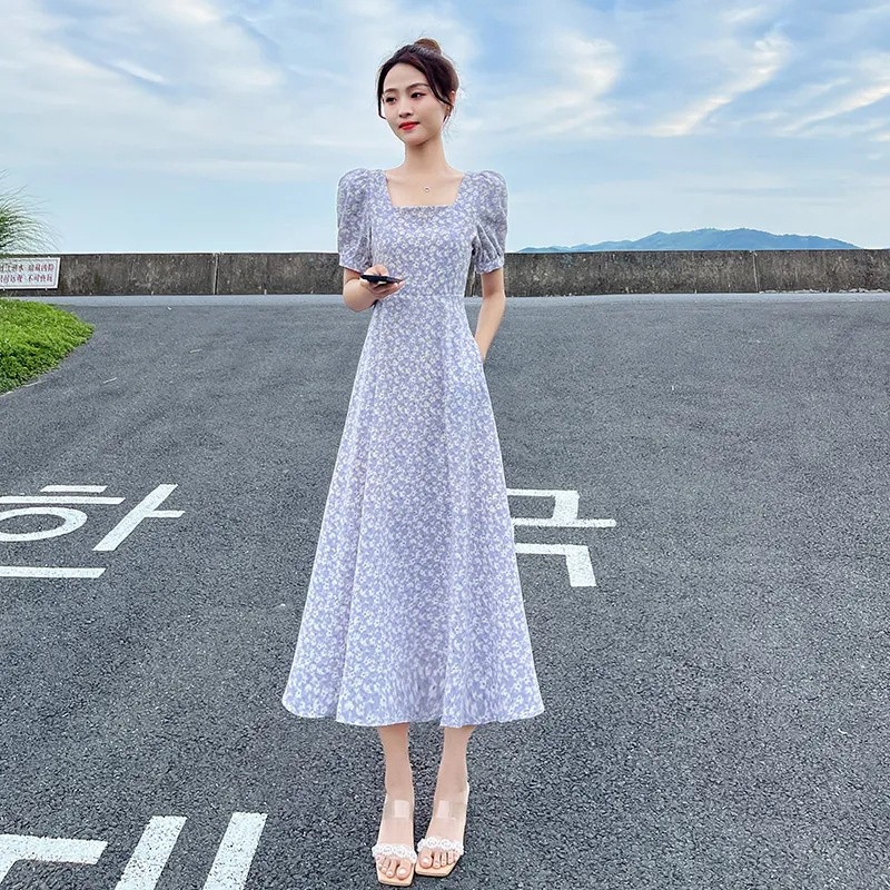 [Pengiriman 24 Jam] Baru Korea Midi Renda Boneka Kerah Gaun Bunga Slim