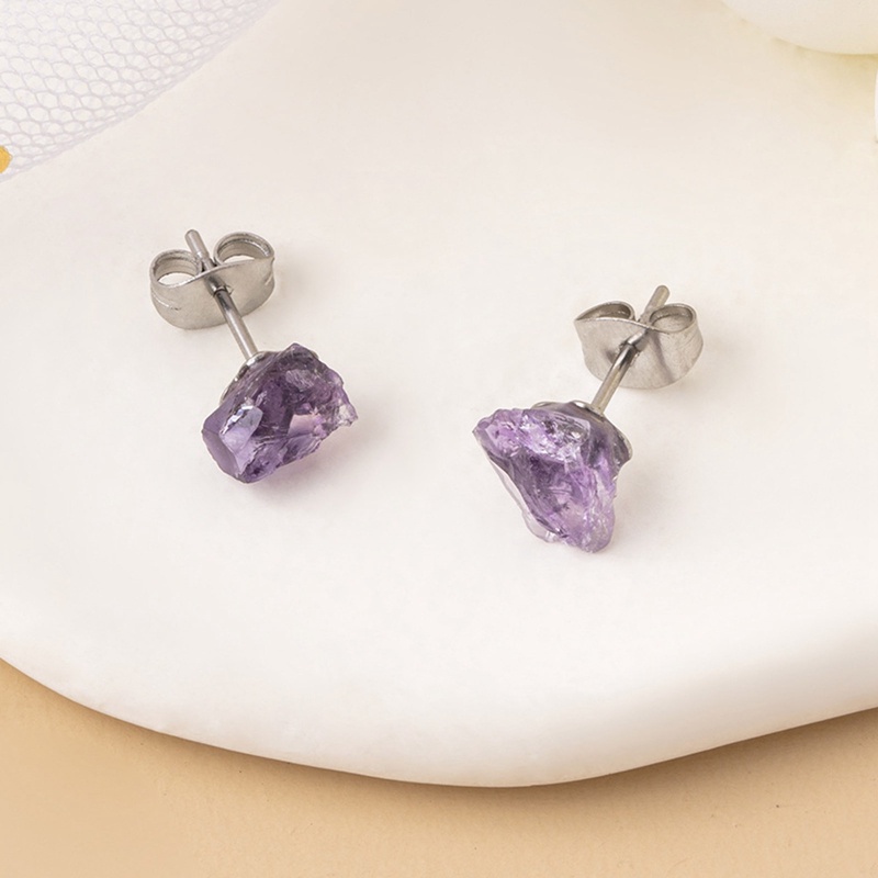 Anting Amethyst Alami Tidak Teratur Vintage Ungu Anting Stud Batu Kristal Untuk Wanita Perhiasan Minimalis