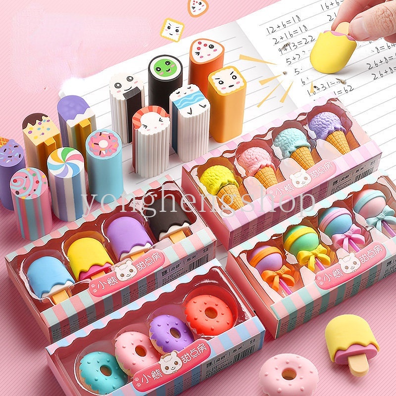 4pcs/set Kawaii Es Krim Donat Berbentuk Penghapus Lucu Mini Lolipop Pensil Karet Penghapus Mainan Anak Siswa Alat Tulis Hadiah Sekolah Koreksi Pasokan