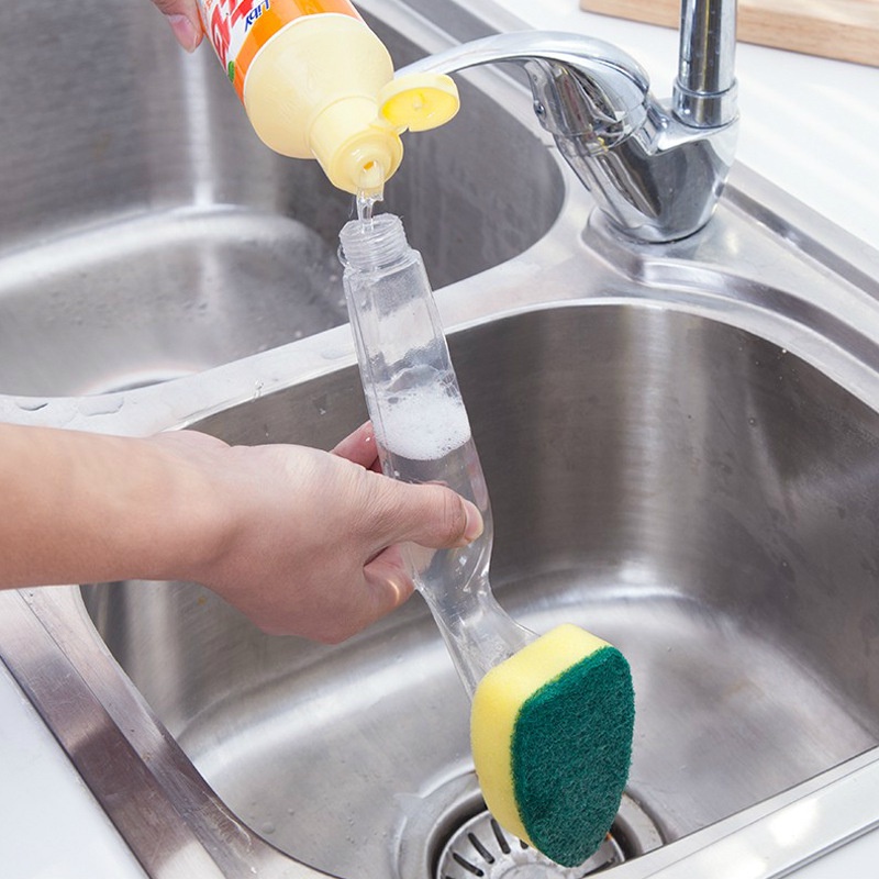 ღ Dapur Spons Sikat Pembersih dengan Cair Isi Ulang Menangani Scouring Pad Sponge Sikat Sponge Sikat Dispenser Dish Pot Mencuci alat