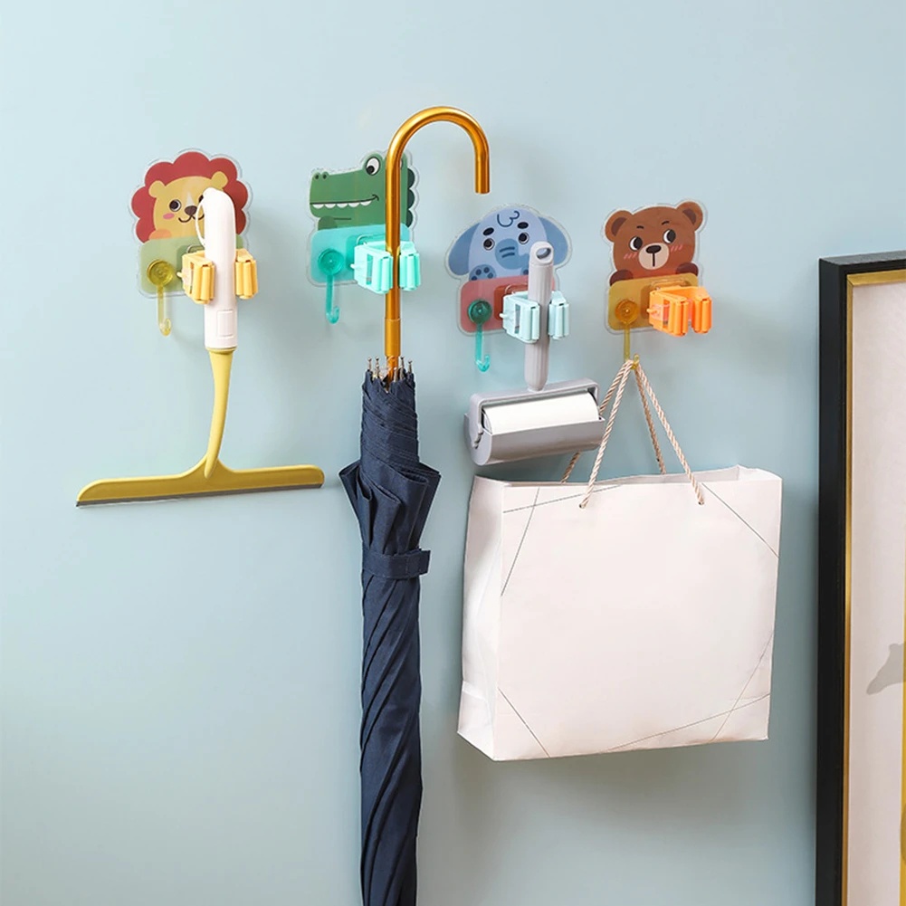 1pc Kartun Ada Punch Mop Rack Dengan Kait Lucu Rumah Plastik Yang Dipasang Di Dinding Mulus Mop Clip Holder