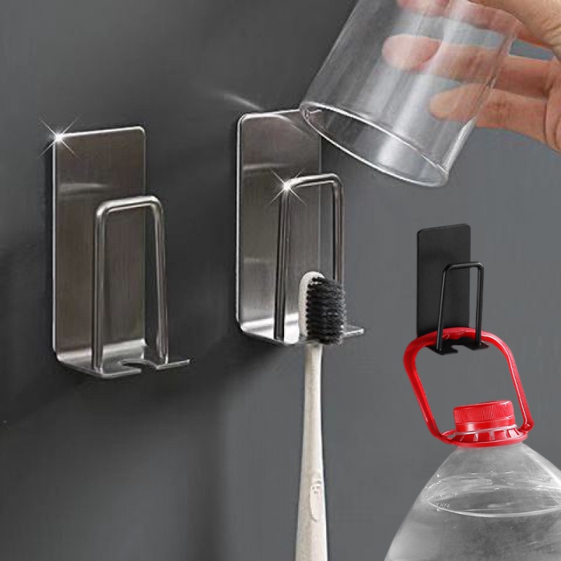 Gantungan Kunci Kalung Handuk Hemat Tempat Gelas Sikat Gigi Rak Drainase Tempel Dinding Stainless Steel Toothbrush Storage Hook Home Organizer Alat Rak Penyimpanan Kamar Mandi Anti Air