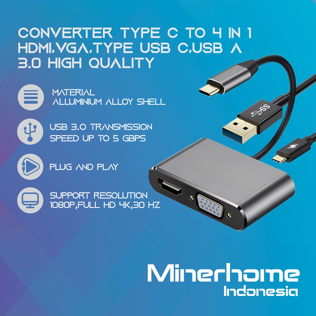 Converter Type C to 4 In 1 HDMI, VGA, Type USB C, USB A 3.0 High Quality