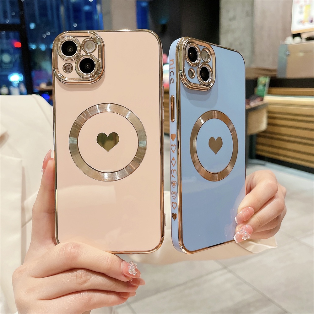 IPHONE Plating Cinta Hati Untuk Mag Magnetic Wireless Charge Case Untuk Iphone14 13 12 11 Pro Max XR X XS 78 Plus SE3 Lembut Penutup Belakang