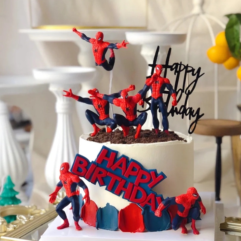 7pcs/set Marvel Avengers Superhero Spiderman Anak Action Figure Mainan Topper Kue Ulang Tahun