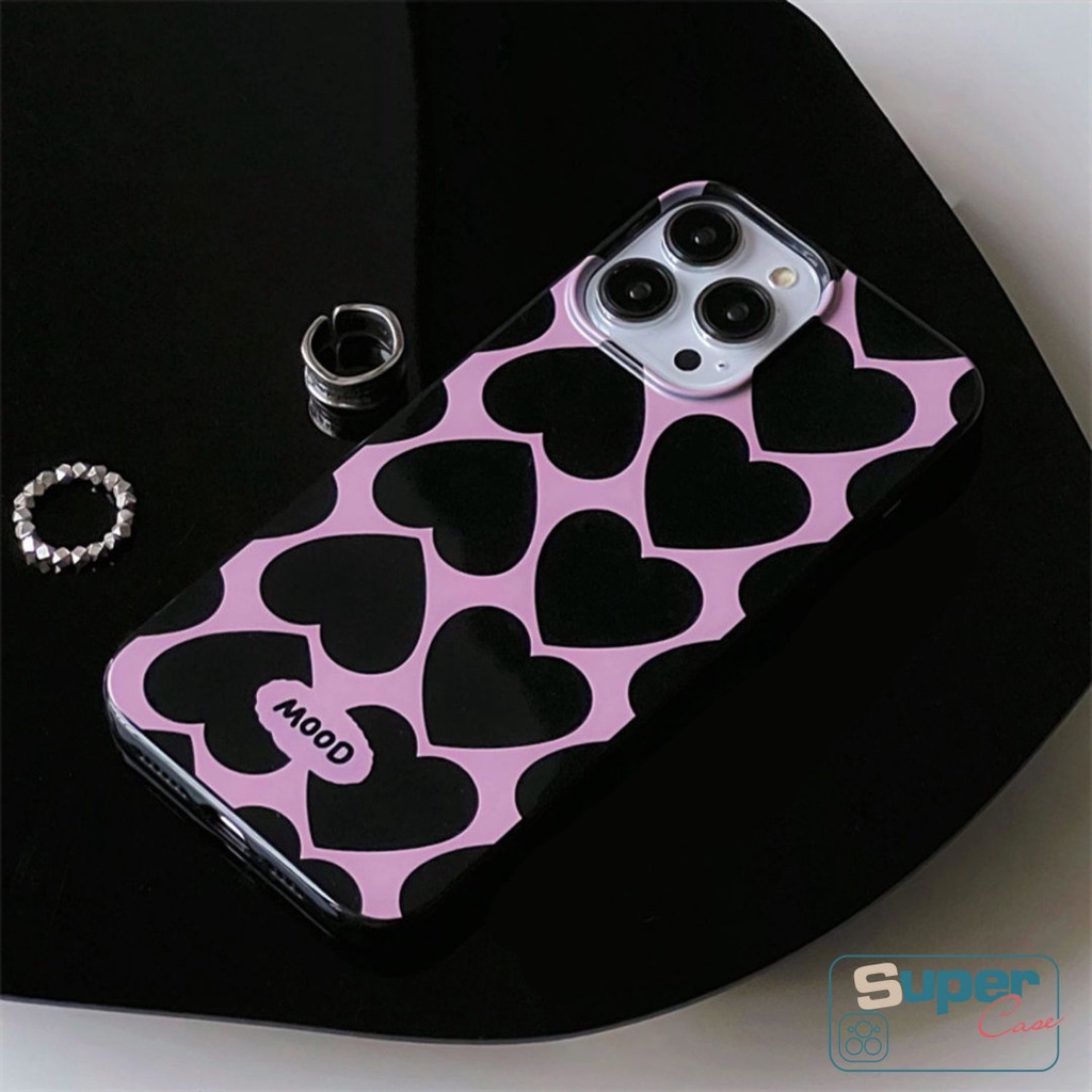 Ins Sweet Cool Love Heart Case Kompatibel Untuk IPhone XR 7plus 14 13 11 12 Pro Max 7 8 Plus X XS Max SE 2020 Kepribadian Hitam Keren Shockproof Glossy Halus Cool Black Soft Cover