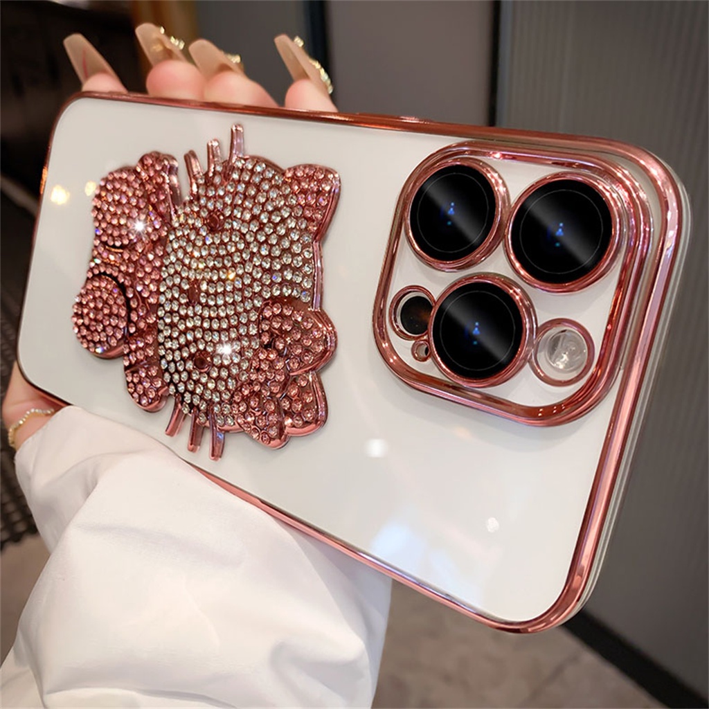 Kartun 3D Berlian Hello Kitty case iphone 14 pro max case iphone 13 12 pro Max14 plus promax Mewah Lensa Kamera Bening Tertutup Penuh Perlindungan shock Lembut Penutup Belakang