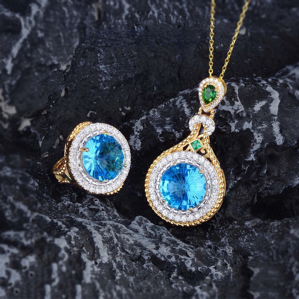 Goldkingdom Fashion Perhiasan Aksesoris Ready Stock Itali Vintage Bertekstur Ukir Emas Caibao Kalung Besar Karat Laut Biru Berlian Kembang Api Potong Liontin Berlian Hijau Cincin Set