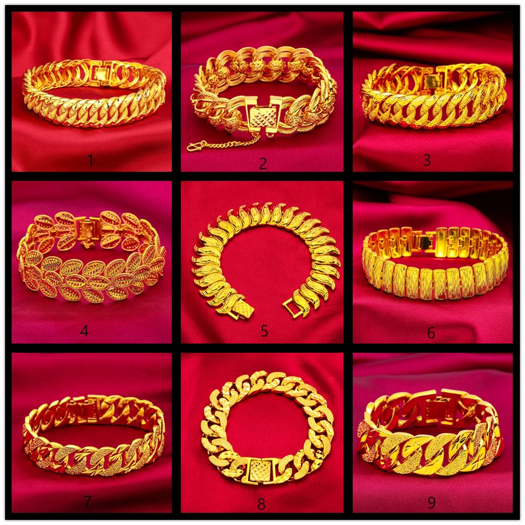 Goldkingdom Aksesoris Perhiasan Fashion Ready Stock Imperious Lapis Emas 24k Gelang Kasar Pria Dan Wanita Pasangan Minimalis Bentuk Cinta Tipis Gelang Rantai