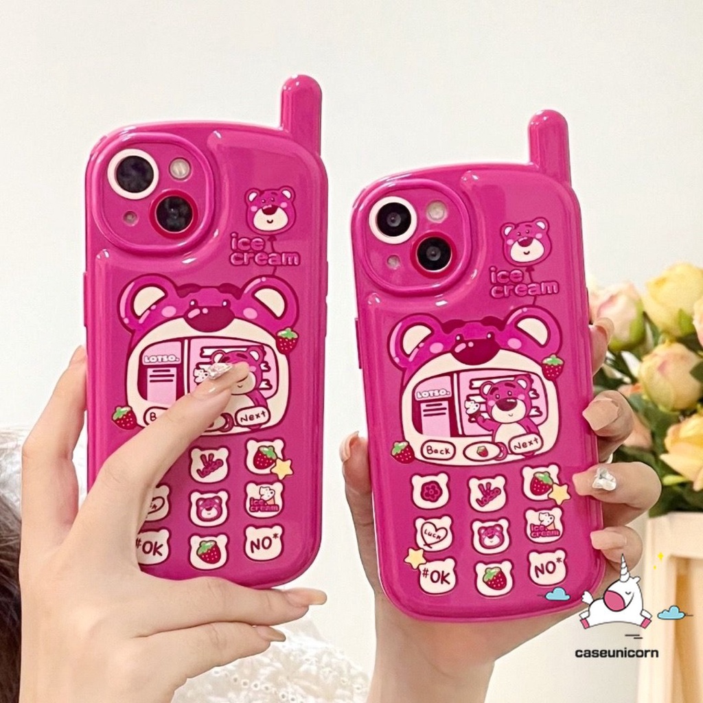 IPHONE Kompatibel Untuk Iphone11 7 8 Plus XR 13 14 12 11 Pro MAX X XS MAX SE 2020 Kartun Lucu Strawberry Bear Manyo Kepribadian Retro Bentuk Ponsel Lembut Glossy Phone Case