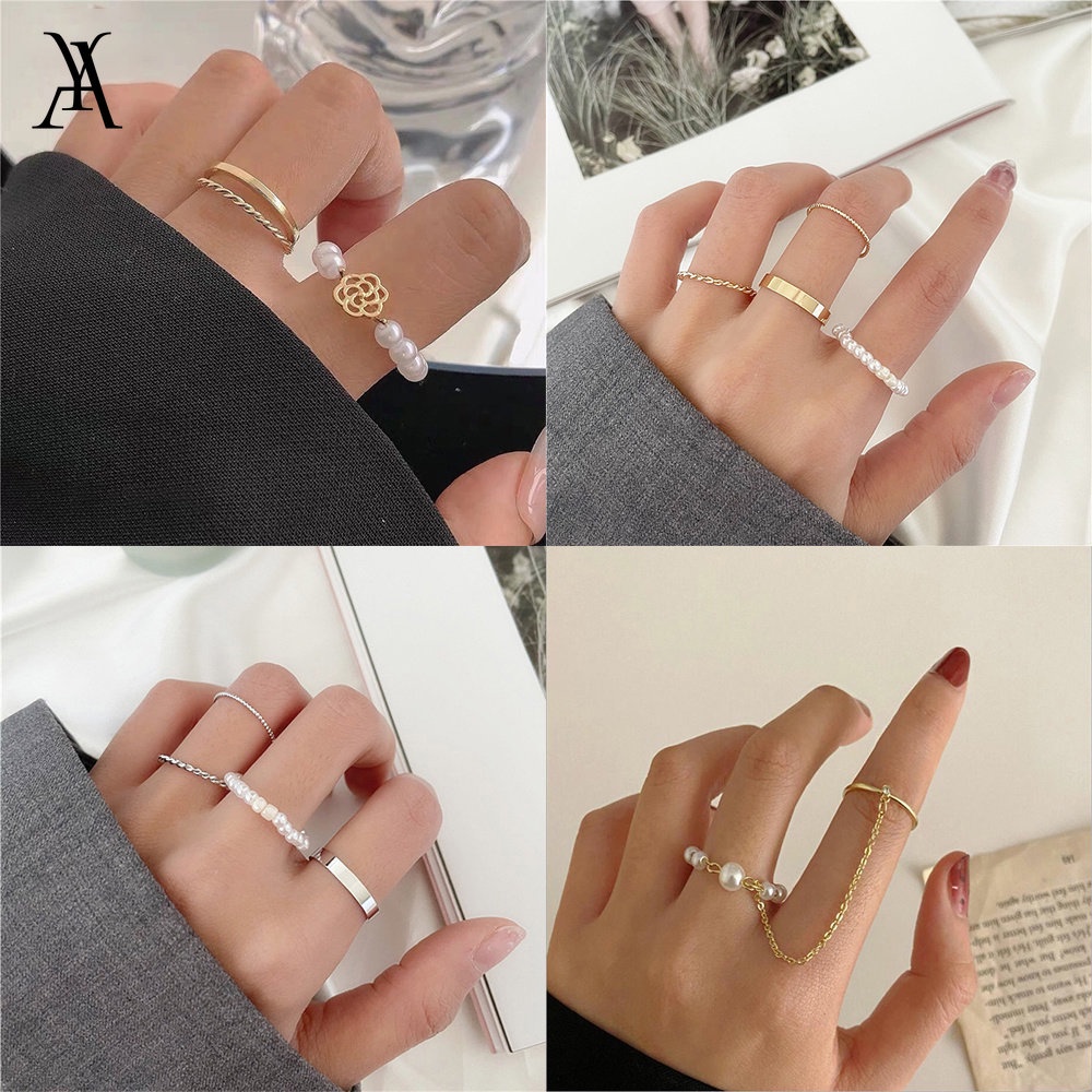 AY(CN) Korean Butterfly Pearl Ring Set Fashion Flower Chain Finger Rings Jewelry Accessories