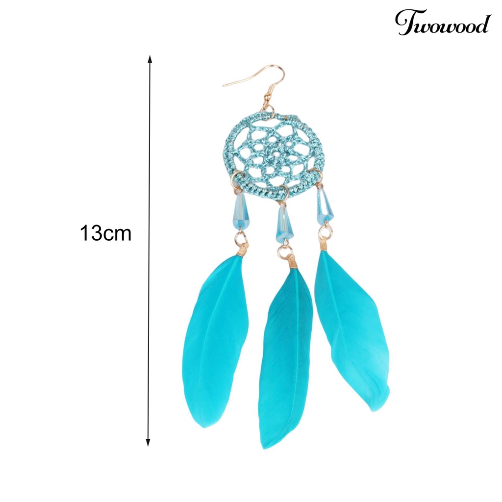 Twowood 1pasang Anting Kait Gaya Etnik Geometris Handmade Liontin Temperamen Dekorasi Aksesori Dreamcatcher Vintage Boho Artificial Bulu Rumbai Anting