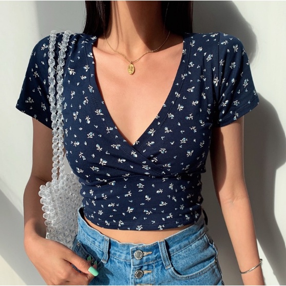YoungShu - Kaos Wanita V Neck Motif Bunga / Kaos Sexy Wanita V Neck Korean Style Motif Bunga