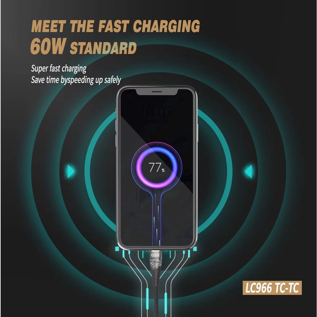 LENYES LC966 Kabel Data PD 60W Transparan Fast Charging QC3.0 Type C to Type C Kabel charger Nylon 1meter cas original