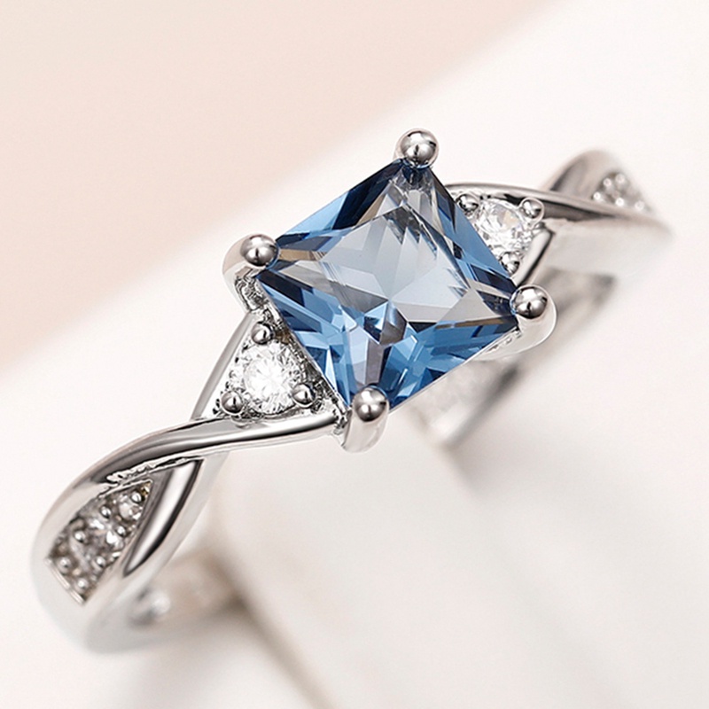 Cincin Princess Square Blue Cubic Zirconia Mewah Untuk Wanita Temperamen Pernikahan Band Aksesoris Perhiasan Berkualitas Tinggi Baru