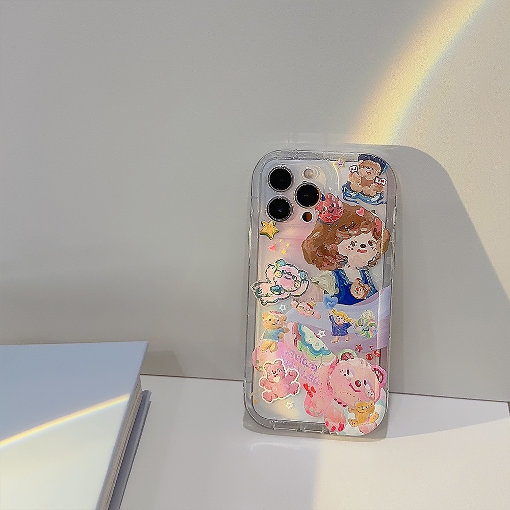 IPHONE Ins Lukisan Cat Minyak Beruang Lucu Gadis Pesta Kartun Silikon Case Untuk Iphone14 11 12 13 PRO MAX Casing Cover Pelindung AT0108