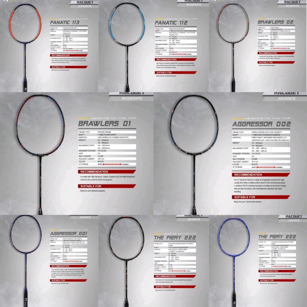 Raket Badminton Felet 30lbs The Fiery 222 Aggressor 002 Brawlers 01 02 Fanatic 112 113 100% Original