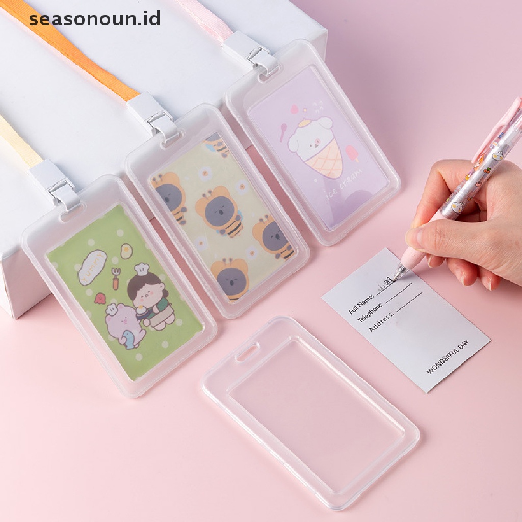 Seasonoun Cover Kartu Transparan Wanita Pria Student Bus Card Holder Case Dengan lanyard.