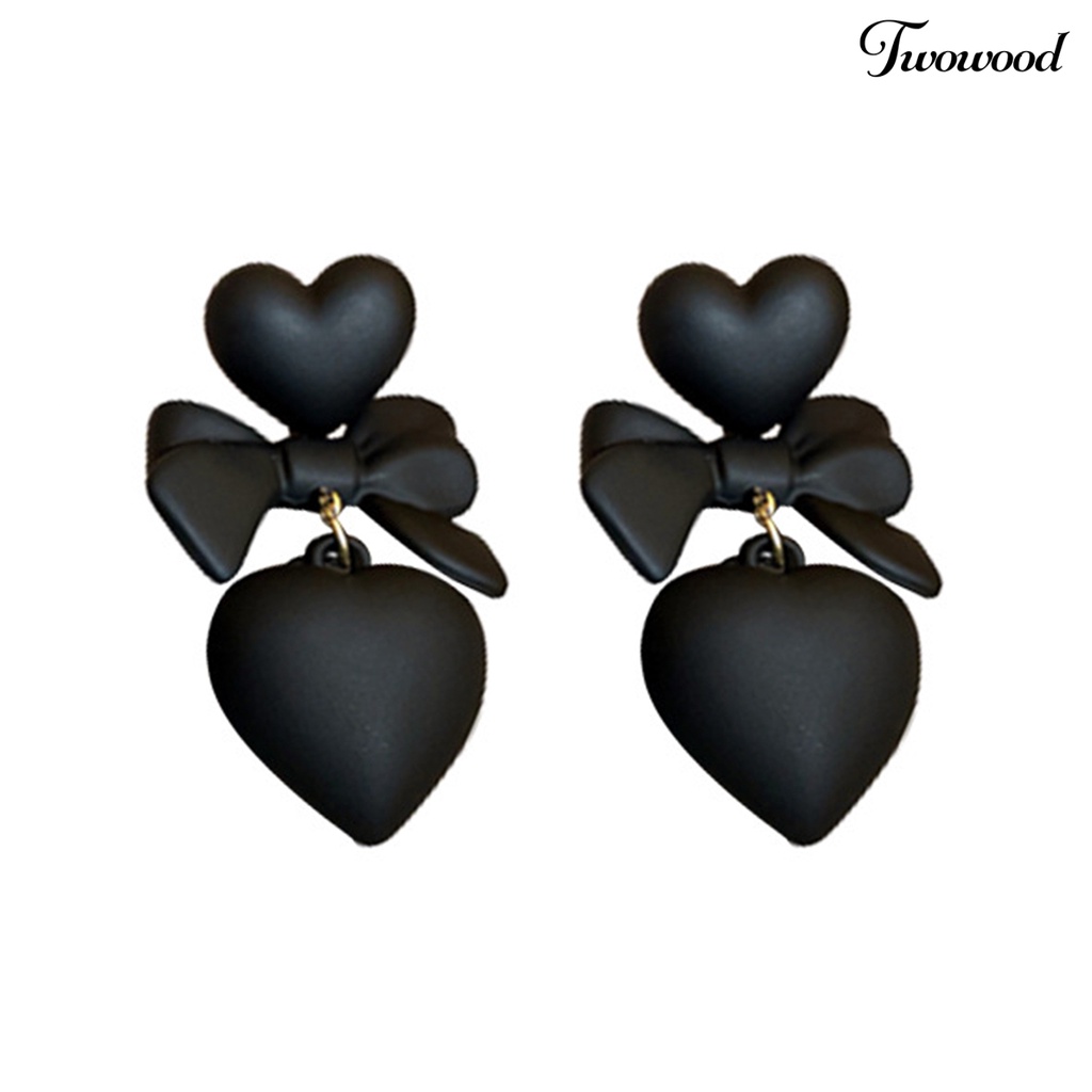 Twowood 1pasang Anting Tusuk Gothic Retro Berlebihan Elegan Hadiah Fashion Perhiasan Hati Hitam Ikatan Simpul Liontin Drop Earrings Untuk Pesta