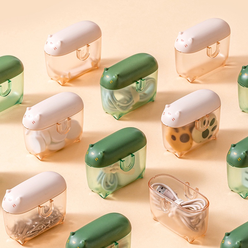 Kotak Penyimpanan Dataline Transparan Dengan Penutup Anti Debu Portable Cable Organizer Box | Kotak Penyimpanan Dataline Power Charging Bentuk Kucing MIni Lucu