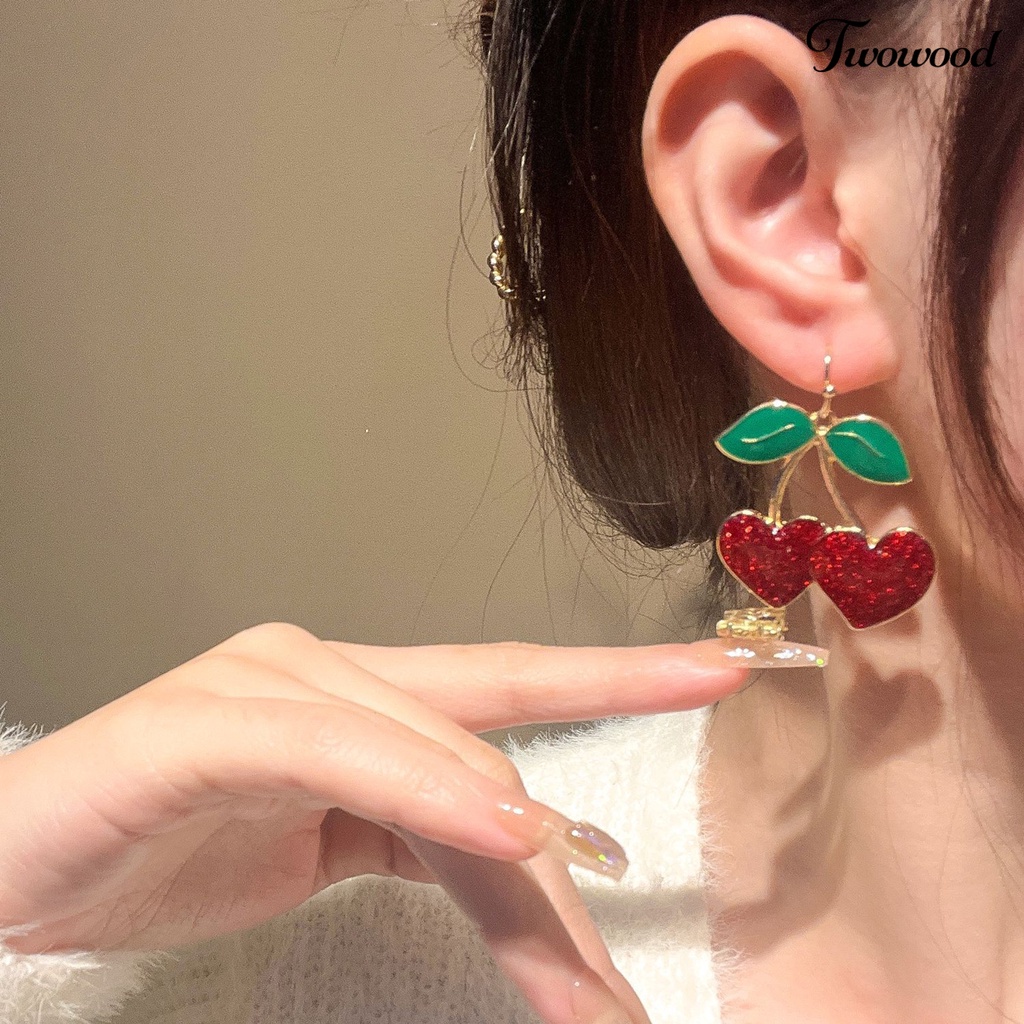 Twowood 1pasang Anting Kait Lucu Bentuk Buah Daun Hijau Tetesan Minyak Cherry Merah Wanita Drop Earrings Fashion Jewelry