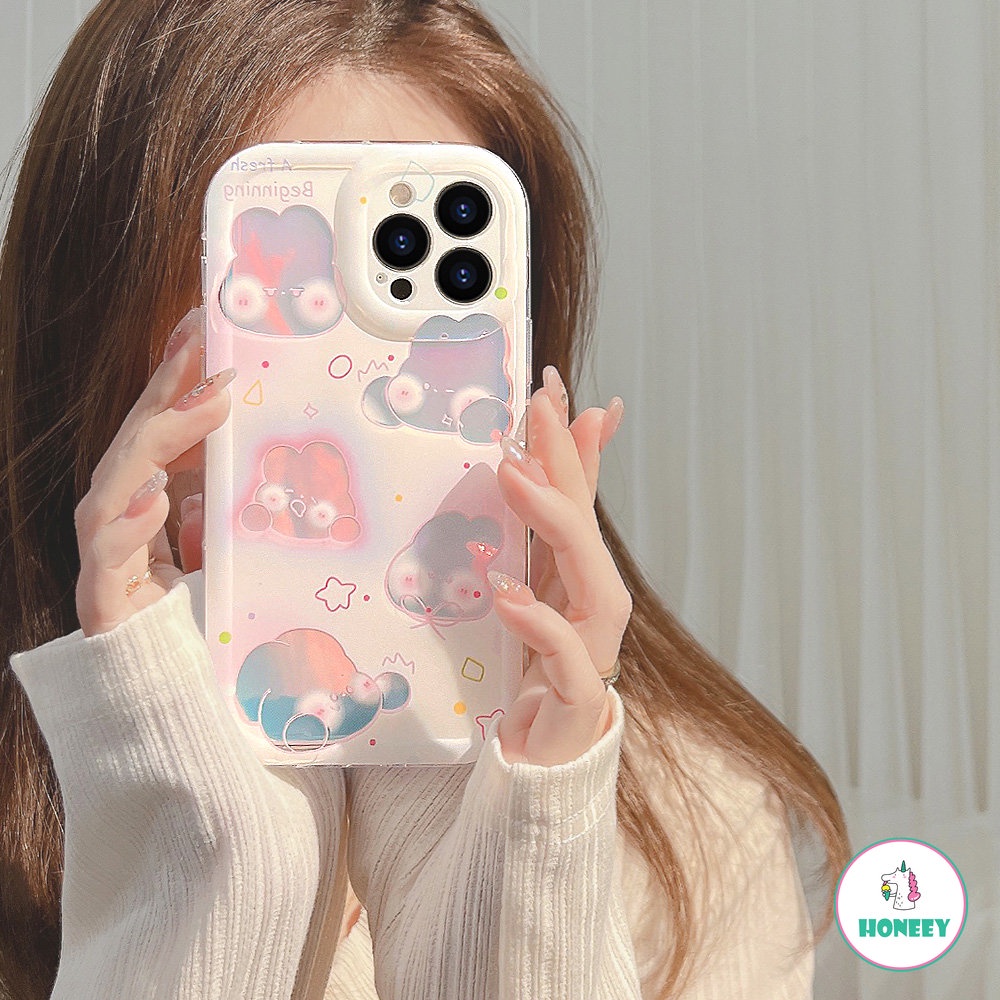 Girly Heart Laser Pink Blush Bunny Phone Case Untuk IPhone 13 Pro 11 12 14 Pro Max Silikon Lembut Shockproof Penutup Belakang