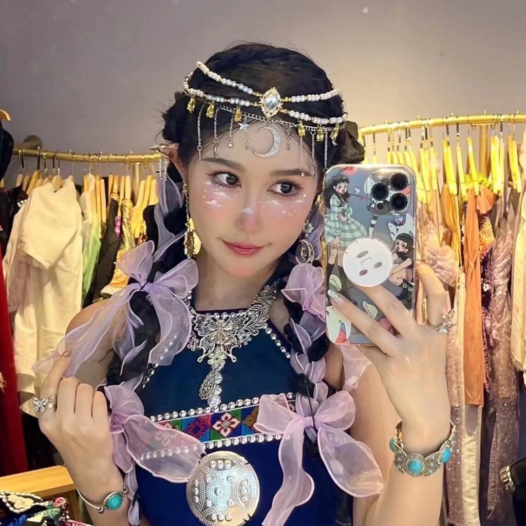 Headpiece Rumbai Lapisan Ganda Gaya Kuno Untuk Pengantin Wanita Hairwear Mutiara Beads Hiasan Dahi Hanfu Aksesoris Rambut