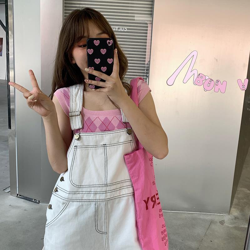 Overall Denim Putih Wanita Celana Kaki Lebar Pinggang Tinggi