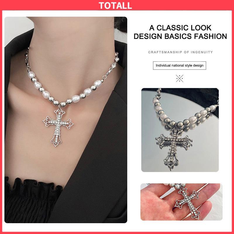 COD Kalung Alloy Vintage Pearl Cross Pendant Punk Sweter Serbaguna Wanita-Totall