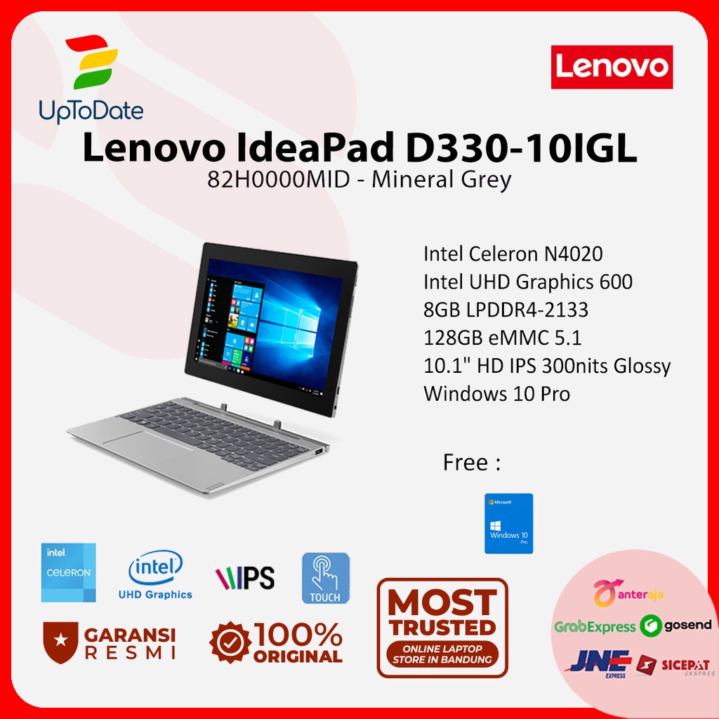Laptop Lenovo IdeaPad D330-10IGL 0MID Celeron N4020 8GB 128GB 10,1" W10 Pro - uptodate bandung