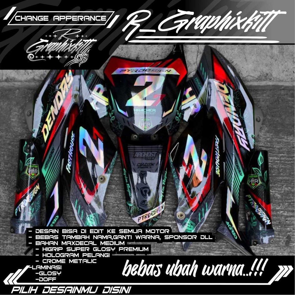 MJ 0520 sticker decal fullbody klx 150 bf kombinasi merah nyala + hologram pelangi bebas requs