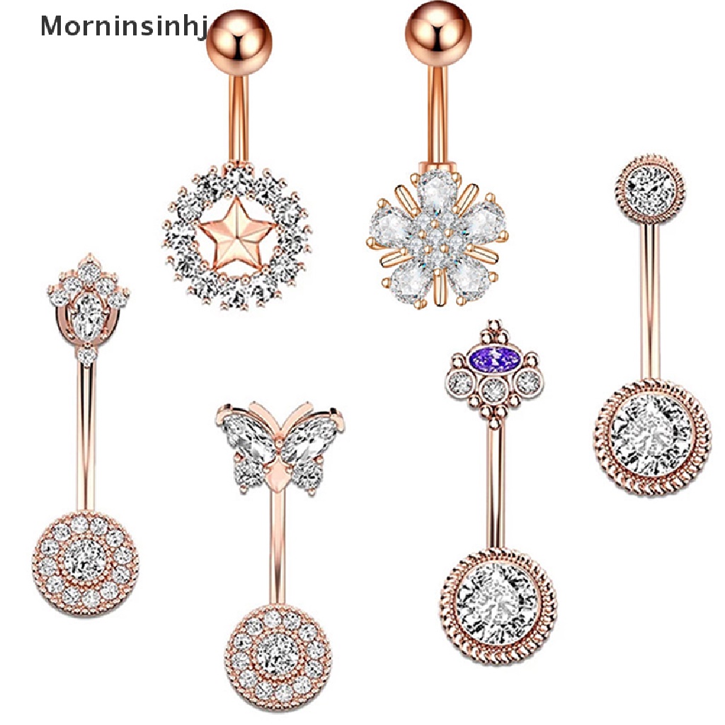 Mornin Stainless Steel Kupu-Kupu Bunga Pusar Cincin Drop Zirkon Seksi Cincin Pusar Pesona Perhiasan Pusar Pusar Pusar Cincin id