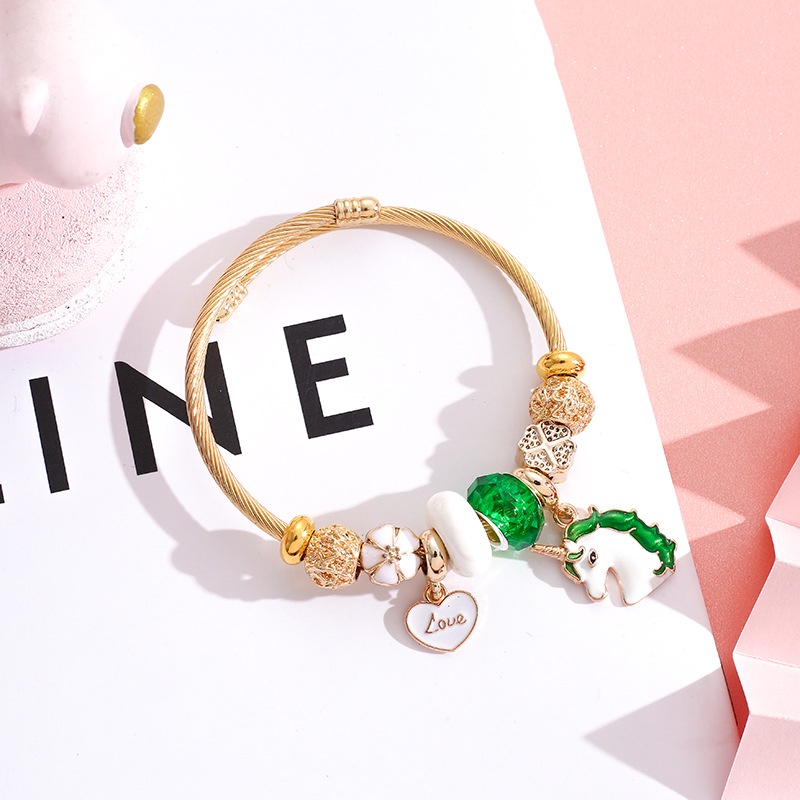 XiaoboACC DIY Indah Kartun Unicorn Liontin Stainless Steel Terbuka Dapat Disesuaikan Gelang