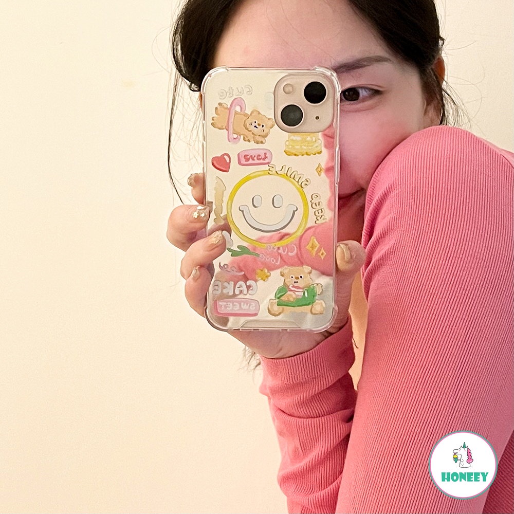 Casing Ponsel Cermin Smiley Beruang Lucu Gaya Korea Kompatibel Untuk IPhone 14 Pro Max12 13 Pro Max11 Lembut Anti-Drop Phone Back Cover