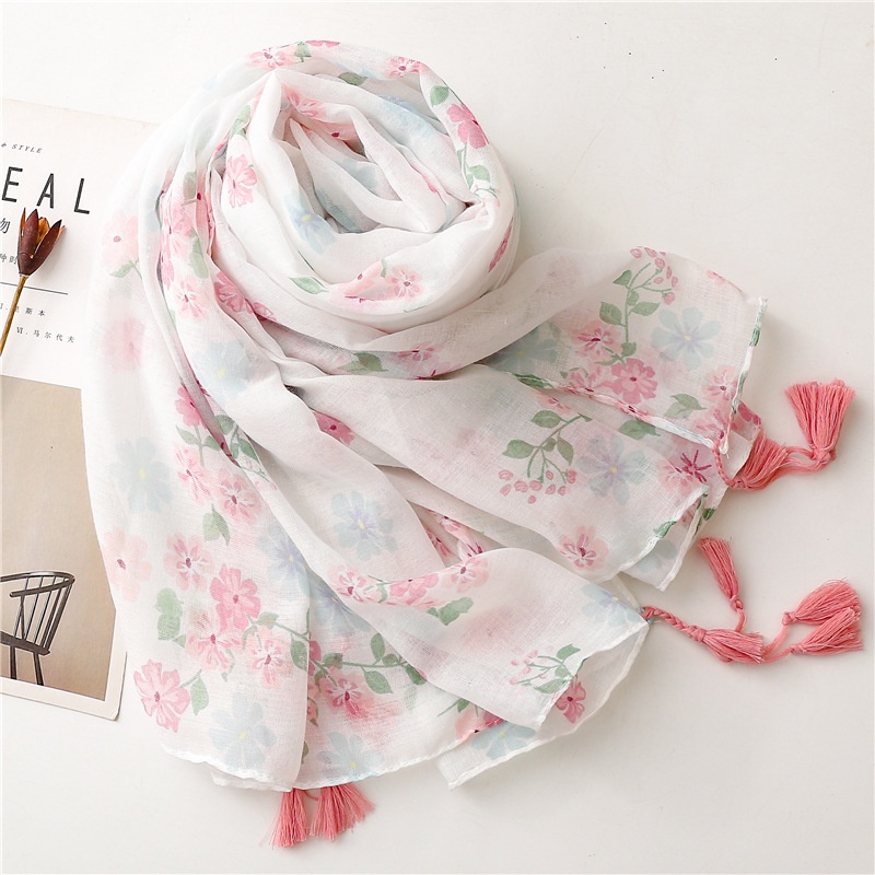 ITSFRIDAY LYLIA Scarf - Premium Pashmina Shawl Selendang Syal Pasmina Hijab Import Motif Flower Pink White Tassel