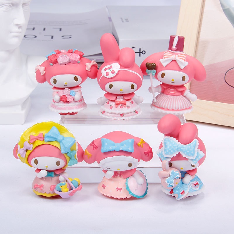 Melody Lolita Doll Tea Party 6Pcs/Set Figure Model Girl Hiasan Kue Dekorasi Anime Sanrio Doll Mainan Untuk Anak