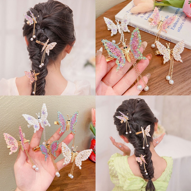 Klip Rambut Hias Kupu Bergerak Jepit Rambut Logam hair clip Sayap Ayun top clip lovely Aksesoris Rambut Wanita A Mutiara Rumbai butterfly hair clip