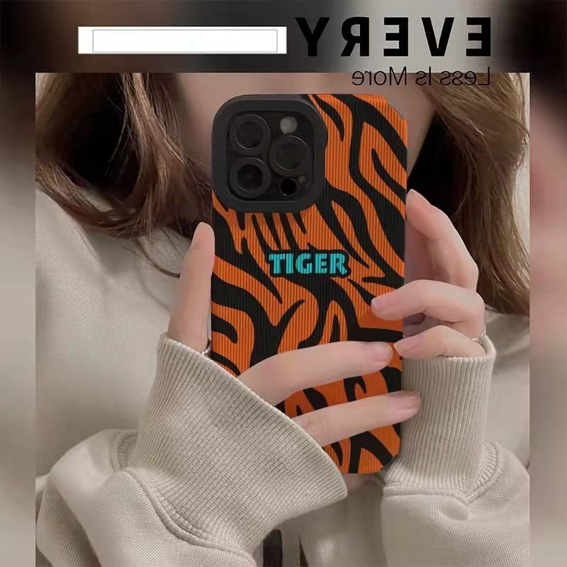 【Lamb Skin】Orange Tiger Pattern Soft Case for IPhone 6S 7 Plus 8 Plus X XS XR XS Max 11 13 12 14 PRO Max 14 Plus 12 13 Mini Camera Protect Women's Baolongwish Casing