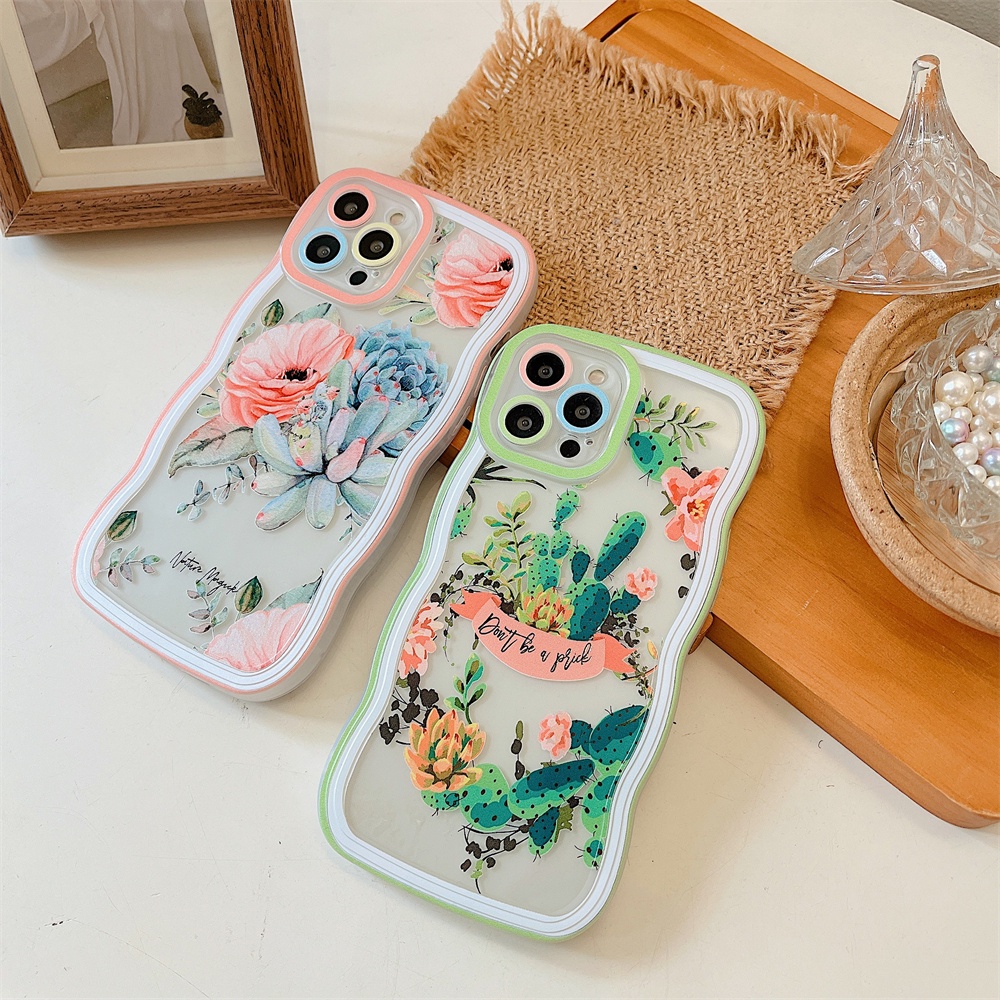 IPHONE Casing Bunga Kompatibel Untuk Iphone11 13 14 13 Pro MAX IPhone7 8plus 6s Plus XR 14 Plus XS MAX SE Fashion Sukulen Tanaman Kaktus Bunga Lembut Bening Bergelombang Case Shockproof Cover BY