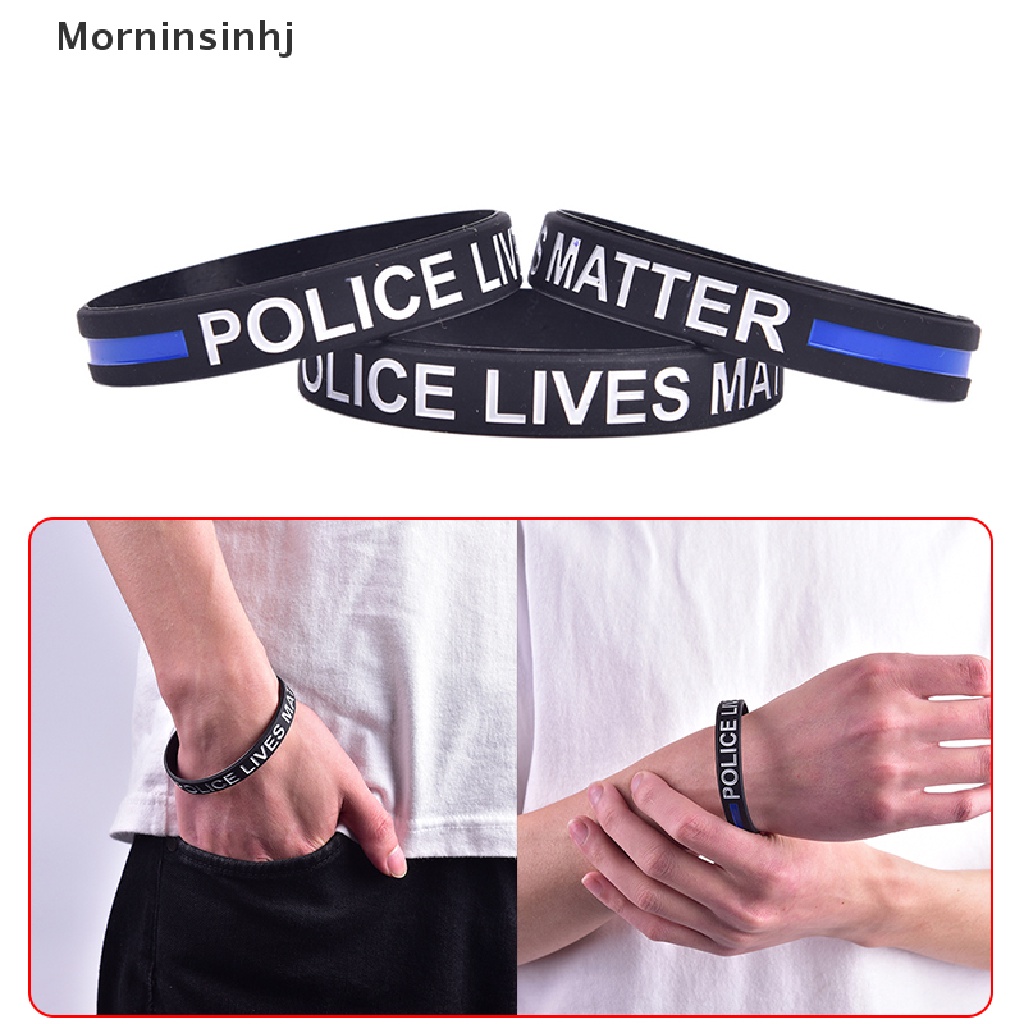 Mornin Fashion Style Police Lives Matter Wristband Gelang Karet Garis Biru Tipis Hitam id