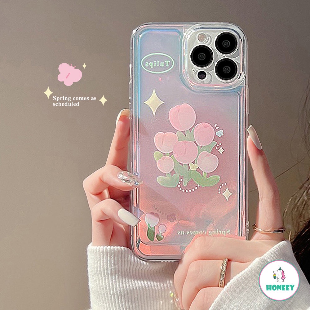 IPHONE Casing Ponsel Bunga Tulip Laser Glitter Mewah Untuk Iphone14 13 12 11 Pro XS Max XR X 8Plus Full Cover TPU Shockproof Cover