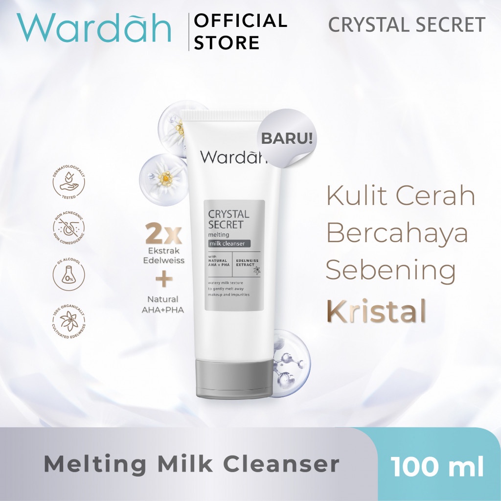 WARDAH Crystal Secret Melting Milk Cleanser Indonesia / Pembersih Wajah 100ml / With Natural AHA + PHA Edelweiss Extract / Watery Milk Texture To Gently Melt Away Makeup And Impurities Facial Wash Foam Cleansing Sabun Cuci Muka / Skincare Face Care Series