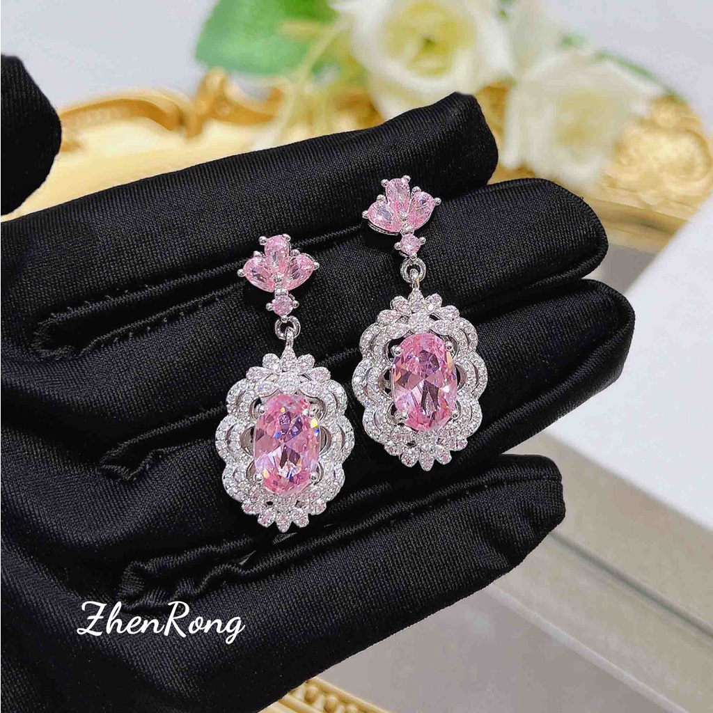 Goldkingdom Fashion Perhiasan Aksesoris Ready Stock Cahaya Mewah Rasa Senior Manis Pink Berlian Barang Mewah Bunga Sakura Bubuk Penuh Bor Telinga Stud