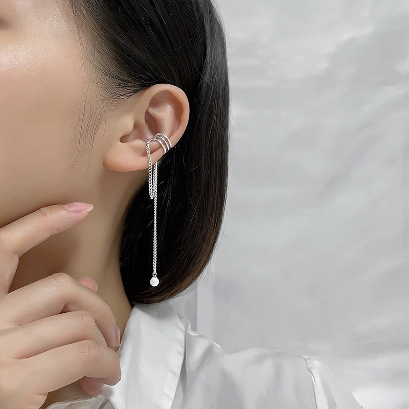 Papaozhu 1PC Mutiara Elegan Rumbai Rantai Liontin Klip Anting Untuk Wanita Perempuan Trendi Tanpa Tindik Cuff Earrings Kepribadian Telinga Aksesoris