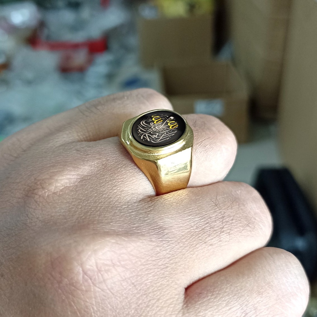 CINCIN TAUHID LAFADZ ALLAH ISLAM PRIA MODEL AKIK SEGI 8 KACA CEMBUNG BAHAN PREMIUM TITANIUM ANTI KARAT TIDAK LUNTUR
