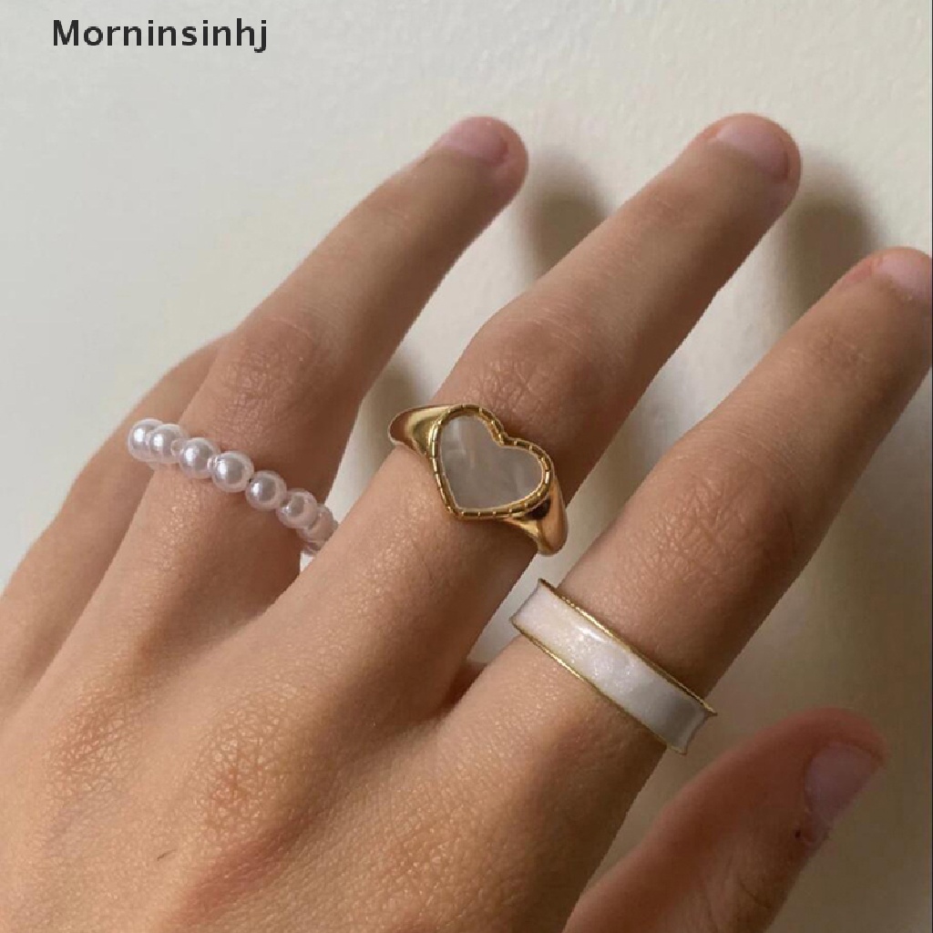 Mornin 3Pcs/Set Enamel Jantung Cincin Korea Fashion Mutiara Cincin Untuk Wanita Geometris Tidak Teratur Bentuk Rantai Pembukaan Cincin Set Buku Jari Perhiasan id