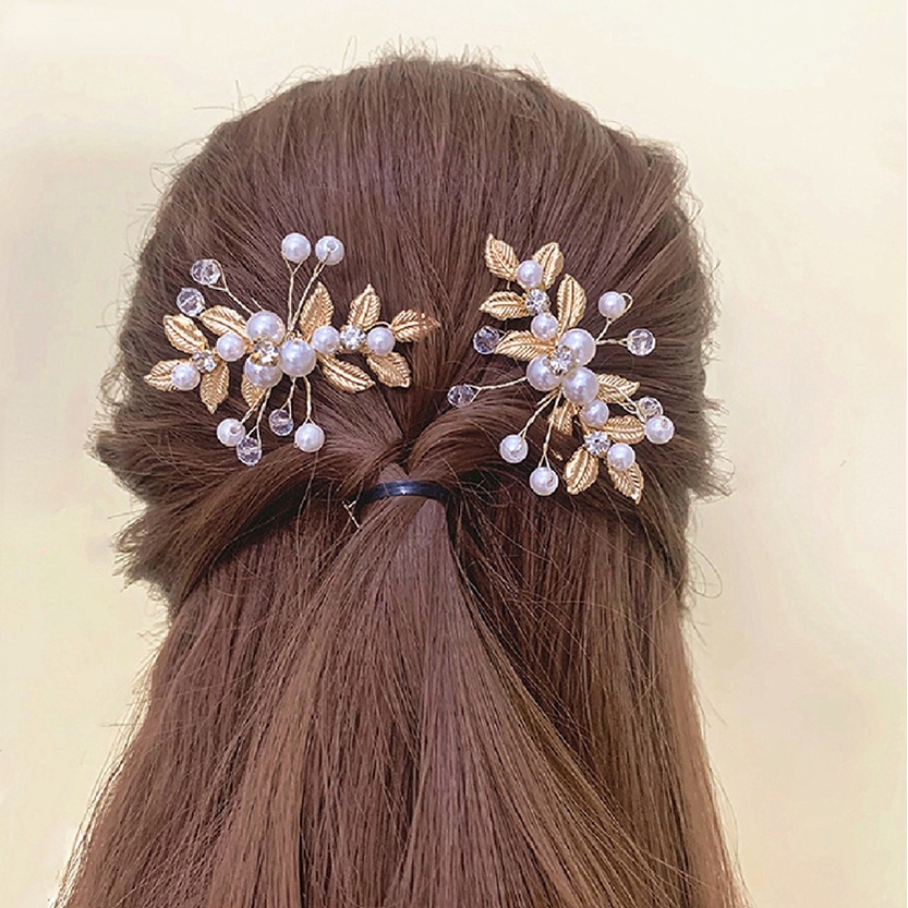 [Fiture] Kreatif Berwarna Emas Olive Leaf Hair Card Modis U-Shaped Hair Clips Shiny Crystal Long Hair Plug Comb Elegan Bridal Wedding Pearl Headpiece