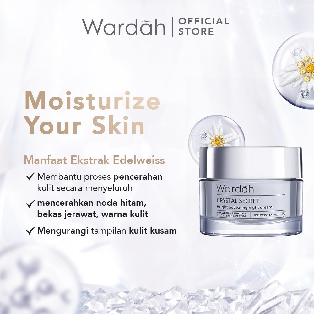 WARDAH Crystal Secret Bright Activating Night Cream Indonesia / Pelembab Wajah 9ml 15ml 30g / With Alpha Arbutin + Brightening Peptide Edelweiss Extract / Moisturizes &amp; Nourishes For Crystal Bright Skin / Skincare Face Care Series / Pagi Malam Day Krim