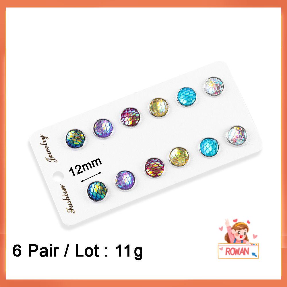 R-flower 6pasang/Set Anting Sisik Mermaid Fashion Perak 12mm Bulat