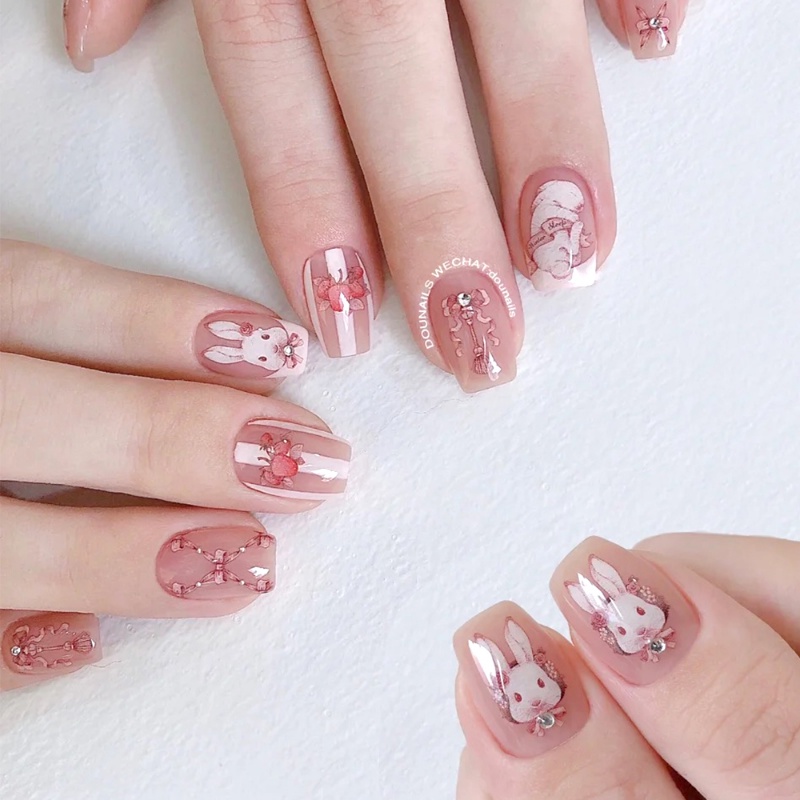 1lembar Lucu Rococo 3D Manis Hewan Peliharaan Kelinci Kuku Stiker Vintage Anjing Kucing Babi Kotak-Kotak Manicure Self-Adhesive Tipis DIY Kuku Stiker Dekorasi Aksesoris